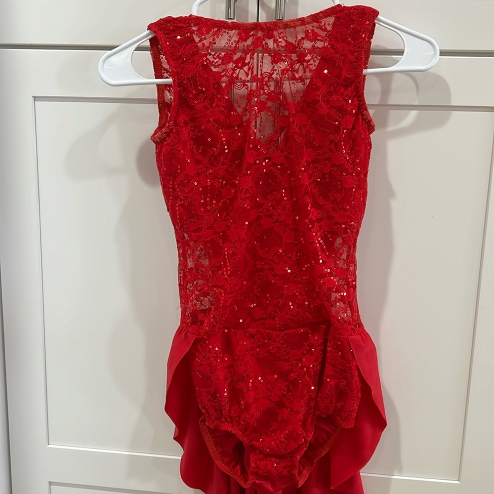Kelle Red Lace & Sequins  with Back‎ Panel attached Skirt